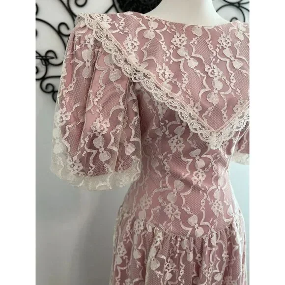 Vintage Gunne Sax Pink Lace & Satin Prairie Dress | Puff Sleeves - Picture 5 of 13
